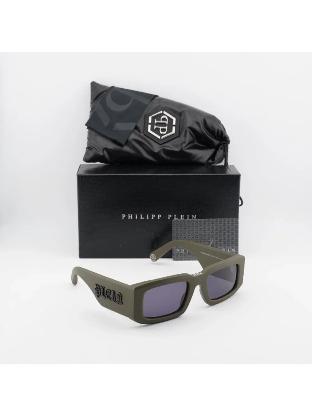 Philipp Plein SPP149 0C02 Unisex Sunglasses Green Rectangle Frame, Blue Lenses